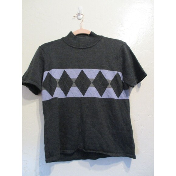 Tahari Womens Gray Argyle Knit Mock Neck Short Sleeve Sweater Top Size 10 Large - Picture 1 of 5